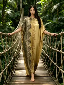 1 Robe+1 Scarf Champagne Gold Gradient Gilded Printed Robe Dress Set Large Ship Collar Loose Flesh Covering Long Dress Robe+1 Scarf Light Luxury Noble Banquet/Vacation Long Dress