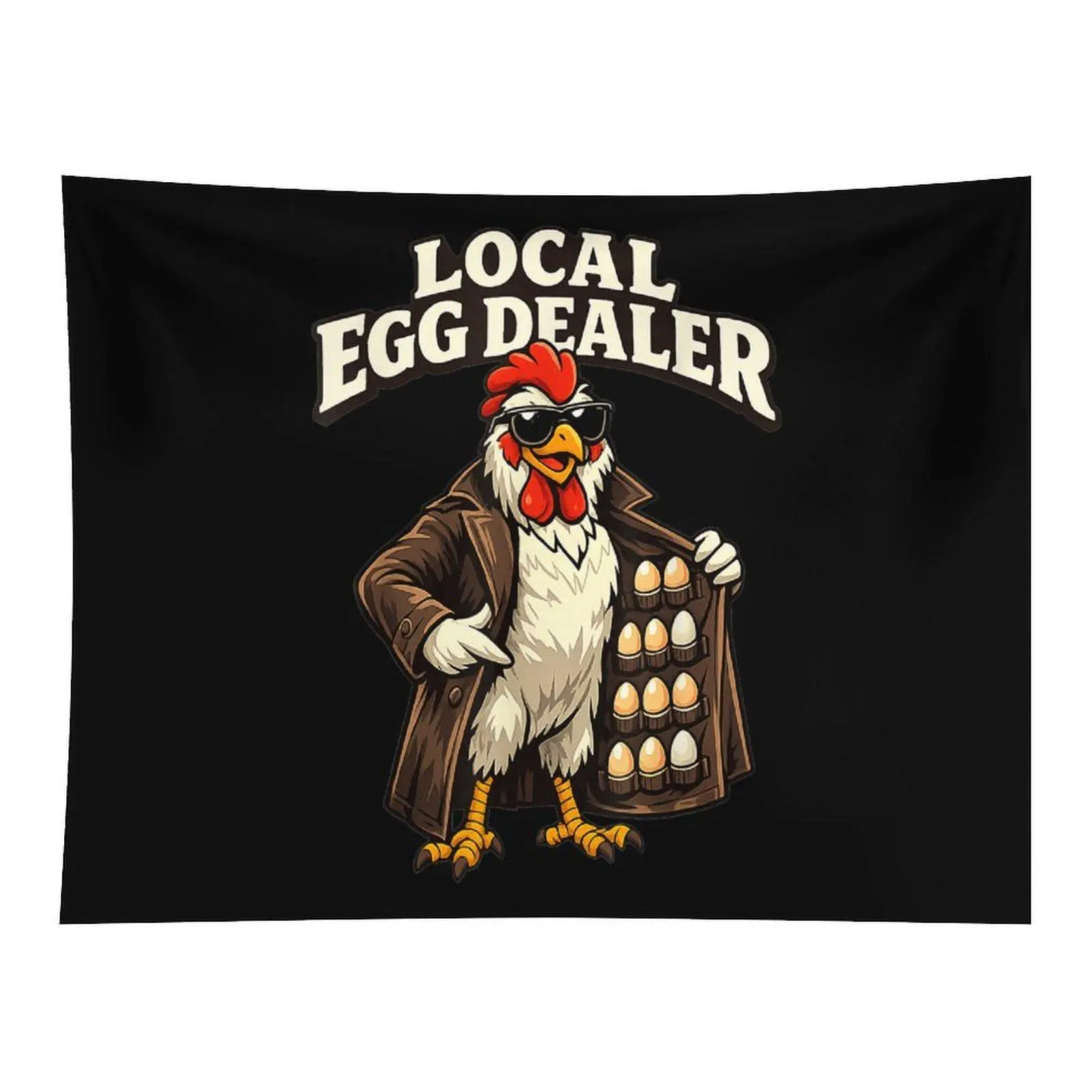Black Background Cartoon Rooster Local Egg Dealer Sunglasses Trench Coat Funny Farm Animal Vintage Graphic Wall Tapestry For Farmer Lounge Room Decor