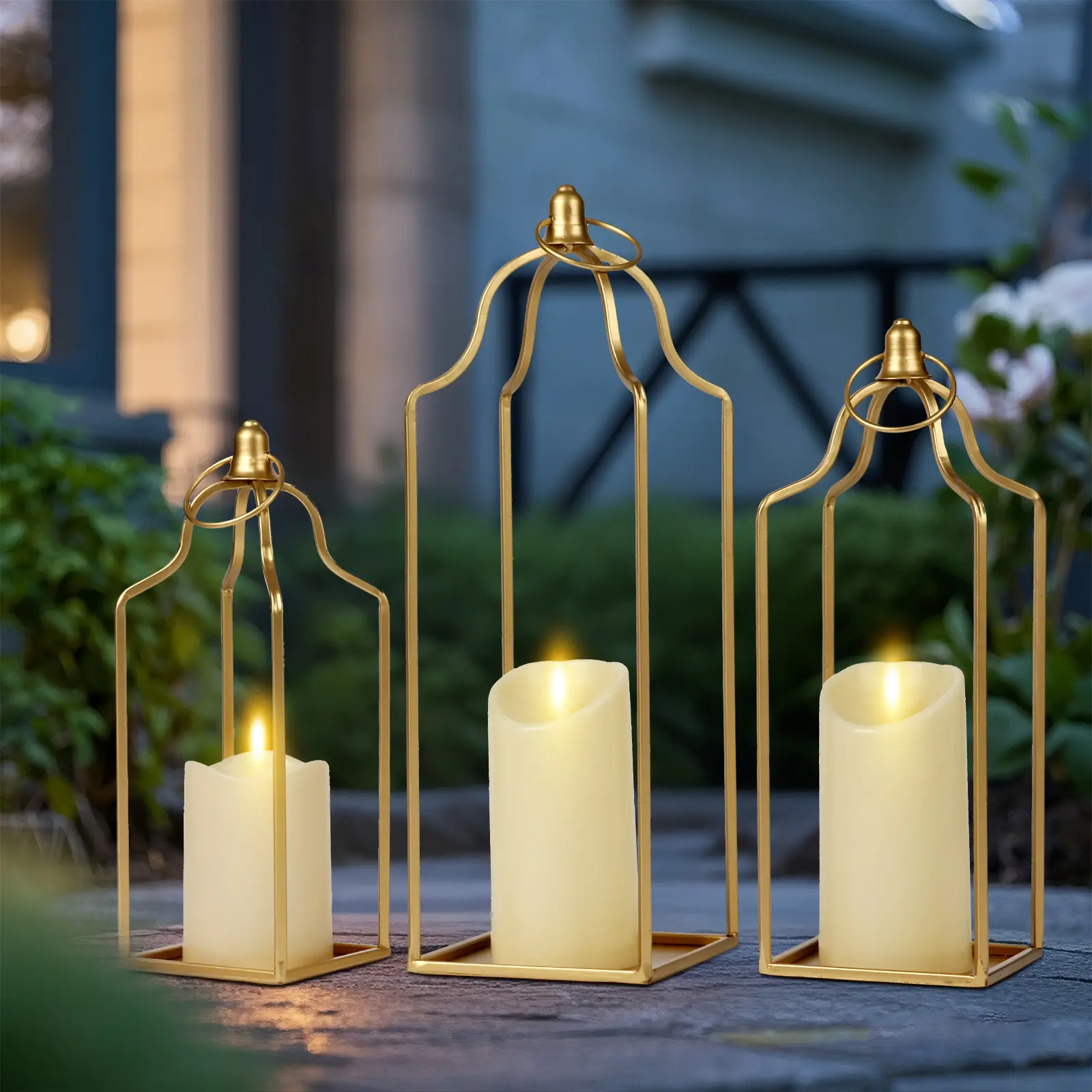 Modern Farmhouse Style Gold Metal Candle Holder Set of 3, Christmas Decorative Lanterns, Indoor Outdoor Home Living Room Table Fireplace Mantel Candle Light, Christmas Holiday Decoration, Gift for Wife, Anniversary Keepsake Simple