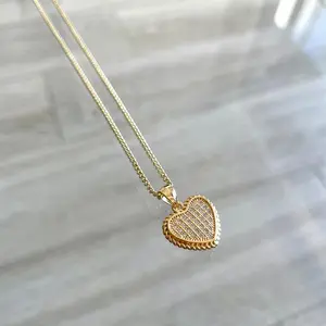 Micro Pave Heart Necklace, 20 Inch Chain, 18k Yellow Gold Layered Heart Pendant, White Micro Pave Stones