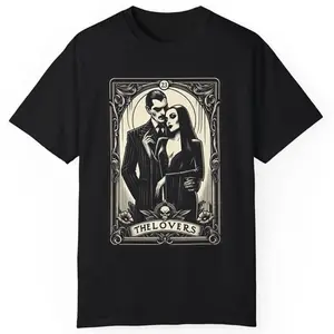 The Lovers Morticia & Gomez Tarot Card T Shirt 90s Horror Movie Halloween Shirt - Pick Your Shade - S to 5XL Sizes - Universal Appeal Garments