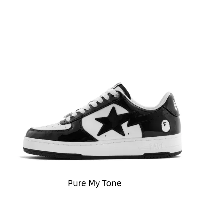 Versatile daily school low-top sneakers in mixed patent smooth black white leather with big star graphic. Breathable lining prevents stuffy feet during long classes, soft cushioned sole reduces foot pressure, full original box, budget unisex footwear.