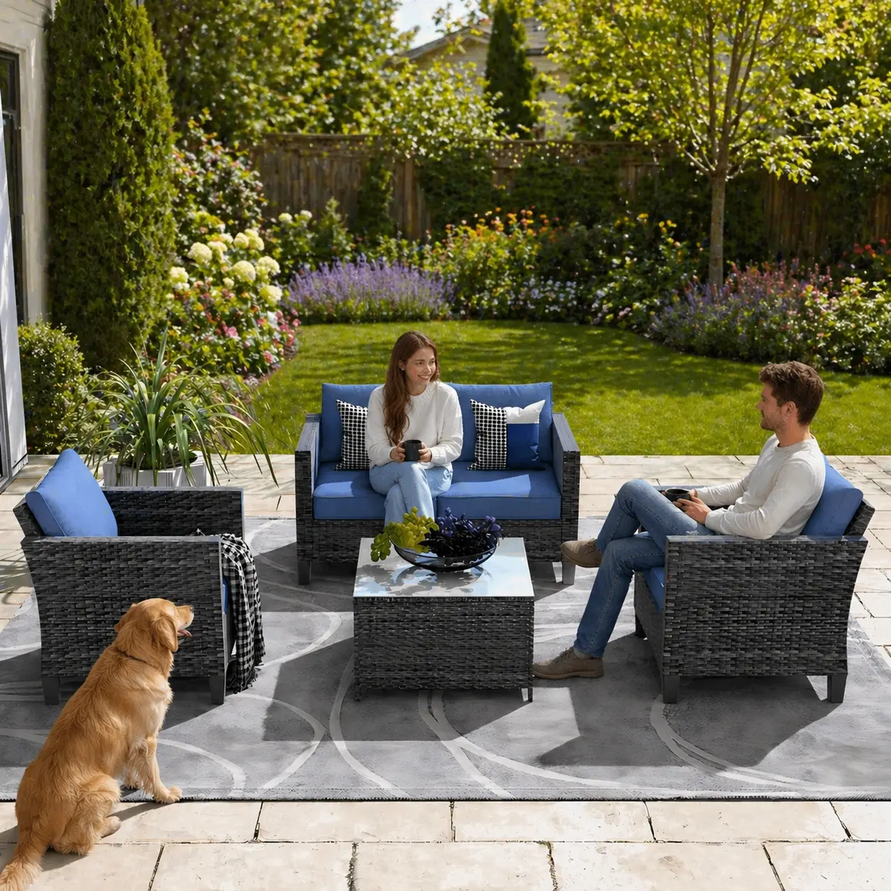 【Summerfinds】Ovios Vultros 4-Piece Outdoor Patio Sectional Sofa Set with High Back Cushions, All-Weather Wicker Conversation Furniture with Coffee Table for Backyard Patio Porch Deck Garden Balcony Outdoor Seating