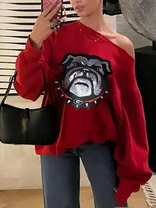 Women's Casual Loose-Fit Drop Shoulder Sweatshirt, Cartoon Dog Print, Comfortable All-Season Home Wear, Essential Wardrobe Item