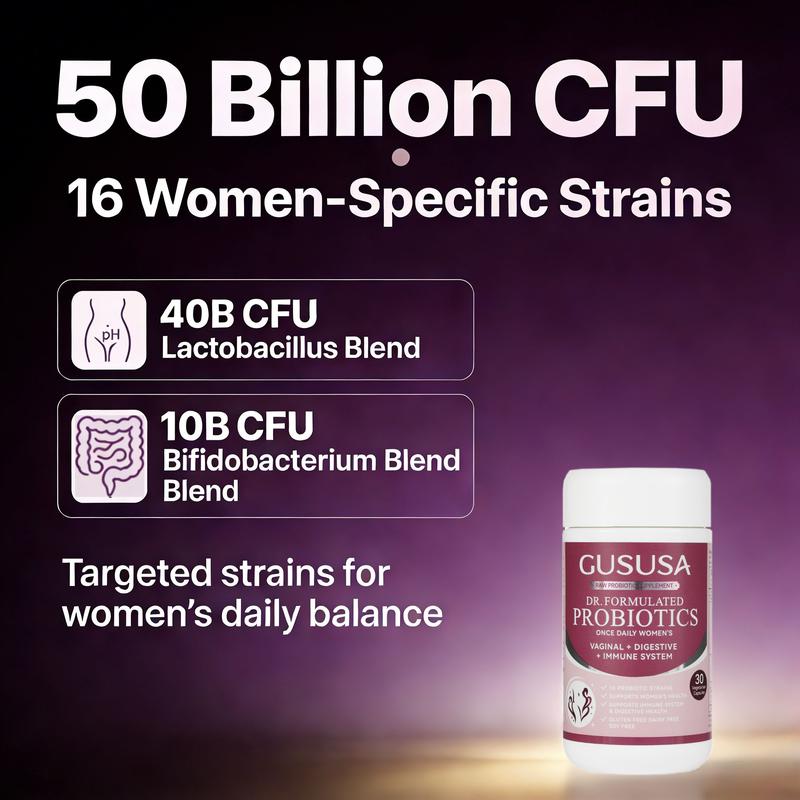 GUSUSA Women's Probiotic Super Bundle – 50 Billion CFU, 16 Advanced Strains Natural Long-Lasting Feminine Moisture, pH Balance, Odor Elimination, Gut & Immune Support. Rebuild from Within with Sugar-Free, Vegan, Organic Prebiotics.