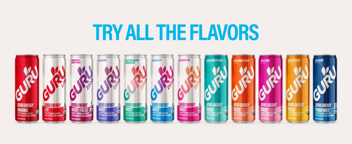 GURU ZERO SUGAR Organic Energy Drinks Variety Pack, Clean Energy Beverage with Plant Based Natural Caffeine from Green Tea, Coconut Water, Prebiotic, Zero Added sugars, Gluten Free and Vegan, Pre Workout, Healthy Drinks, 12oz (Pack of 12)