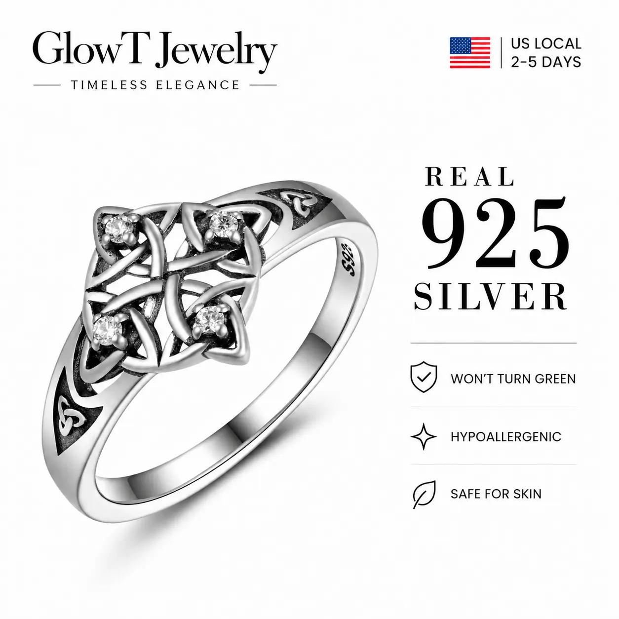 925 Sterling Silver Witch Knot Ring, Celtic Protection Amulet with Sparkling CZ, Oxidized Dark Academia Style, Wiccan Pagan Statement Ring, Daily Ritual Companion, Modern Witch Gothic Jewelry