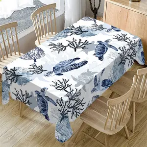 Rectangular Tablecloth Spring Summer Ocean Theme Turtle Seaweed Pattern, Indoor Outdoor Use, Kitchen Dining Room Decor