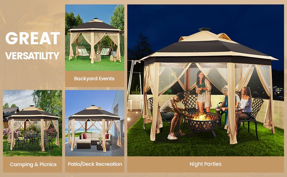 【Remote Control Light Gazebo】Yaheetech 13x13 Pop-up Gazebo Tent with Mesh Netting Sides, 25 Solar LED Lights, 3 Height Adjustable Features & Storage Bag