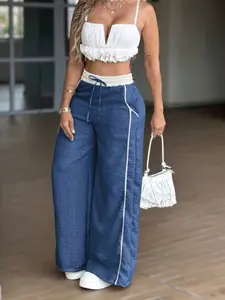 Y2K Light Greenish-Gray High Waist Wide Leg Pants, Loose Fit Casual Trousers With Drawstring, European & American Style, Versatile & Slimming Straight Leg Pants For Spring/Summer