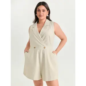 BLOOMCHIC Plus Size Cotton Linen Blend Collar Romper [M-6X]2026 Summer Vibes Swimweek