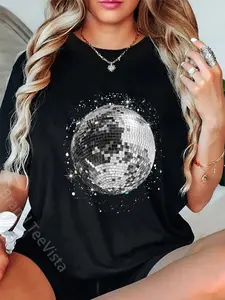 100% cotton Black and White Disco Ball Club Retro T-Shirt women graphic shirts