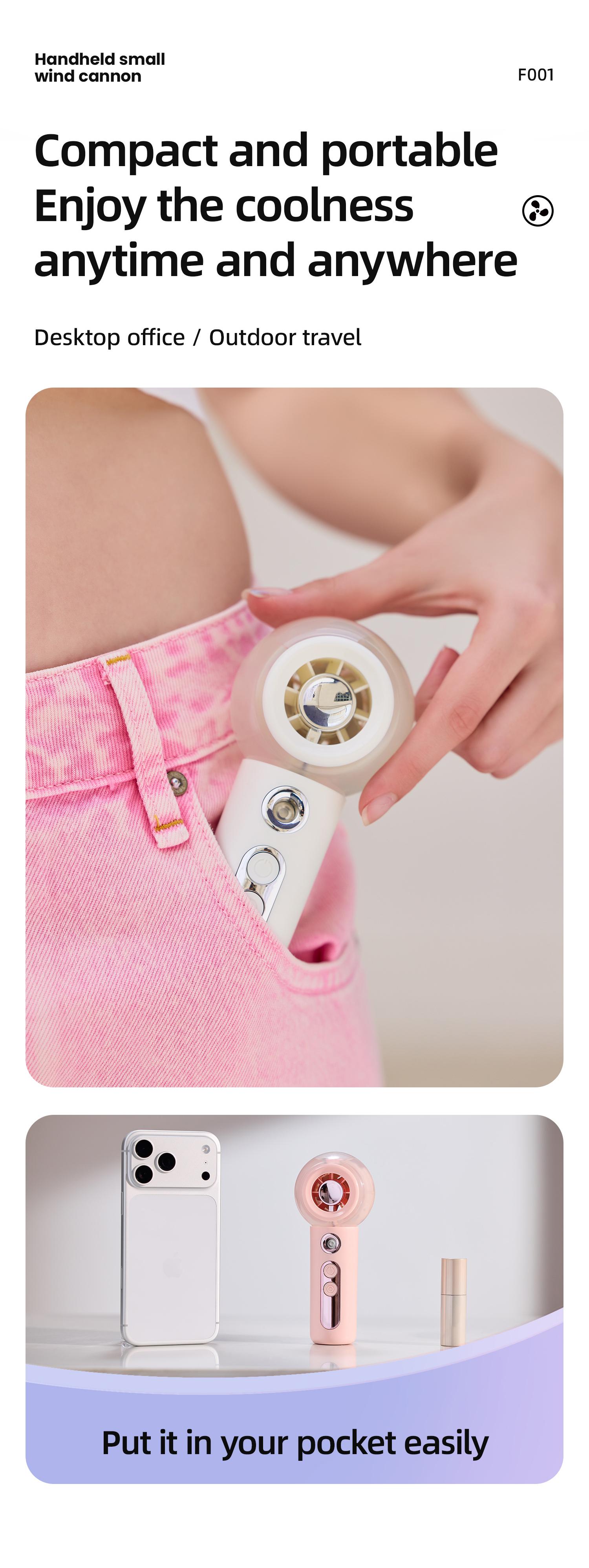 Portable Handheld High-Speed ​​Mist Fan — High-Velocity Turbo Cooling Spritzer with 4 Wind Speeds — USB-Rechargeable Mini Personal Fan for Travel, Makeup, and Summer Outdoors