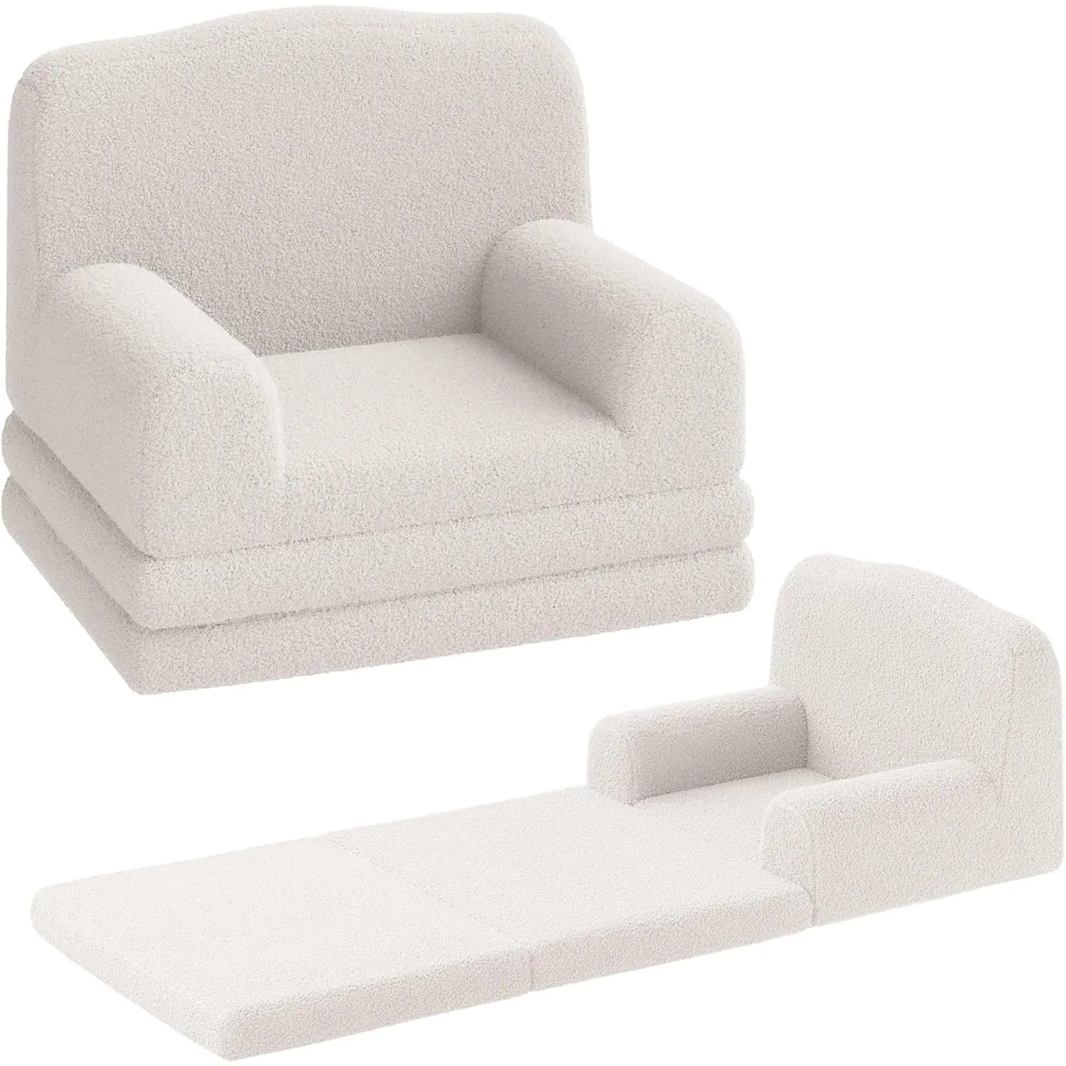Foldable 2-in-1 children's sofa made of sherpa fabric – Comfortable foam armchair, convertible to a lounger – Perfect for children's rooms & playrooms, gift for boys & girls – Color: White