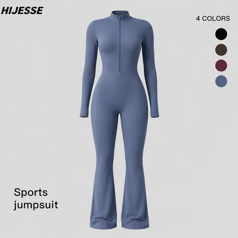 HIJESSE Women Zip‑Up Stand Collar Long Sleeve Yoga Jumpsuit, High Elastic Quick Dry Slim Fit Waist Shaping Flared Leg Athletic One Piece Jumpsuit, Travel Camping Daily Wear