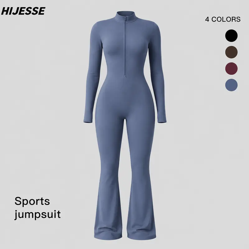 HIJESSE Women Zip‑Up Stand Collar Long Sleeve Yoga Jumpsuit, High Elastic Quick Dry Slim Fit Waist Shaping Flared Leg Athletic One Piece Jumpsuit, Travel Camping Daily Wear