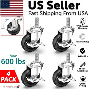 4X 3 Inch Rubber Casters Heavy Duty Safety Brake Wheels for Wire Shelving Rack