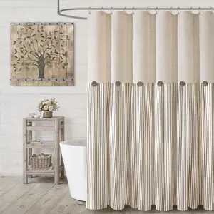 Yrztrk Farmhouse Linen Button Shower Curtain Textured Woven Fabric Pleated Stripe Country Style Quick Drying Machine Washable Home Bathroom Decor Shower Curtain Sets for Bathroom