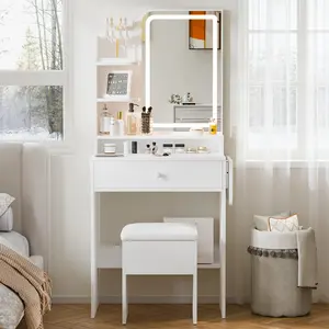 White Vanity Desk with Mirror and Power Outlet, Makeup Vanity with Adjustable Brightness and 3 Lighting Modes, Dressing Table Set with 1 Drawers, Storage Chair for Bedroom A small dressing table set with a adjustable lighting makeup surface