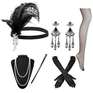 Women's 6pcs 1920s Flapper Costume Accessories Set Headband Necklace Earrings Gloves Stockings Cigarette Holder for Vintage Party