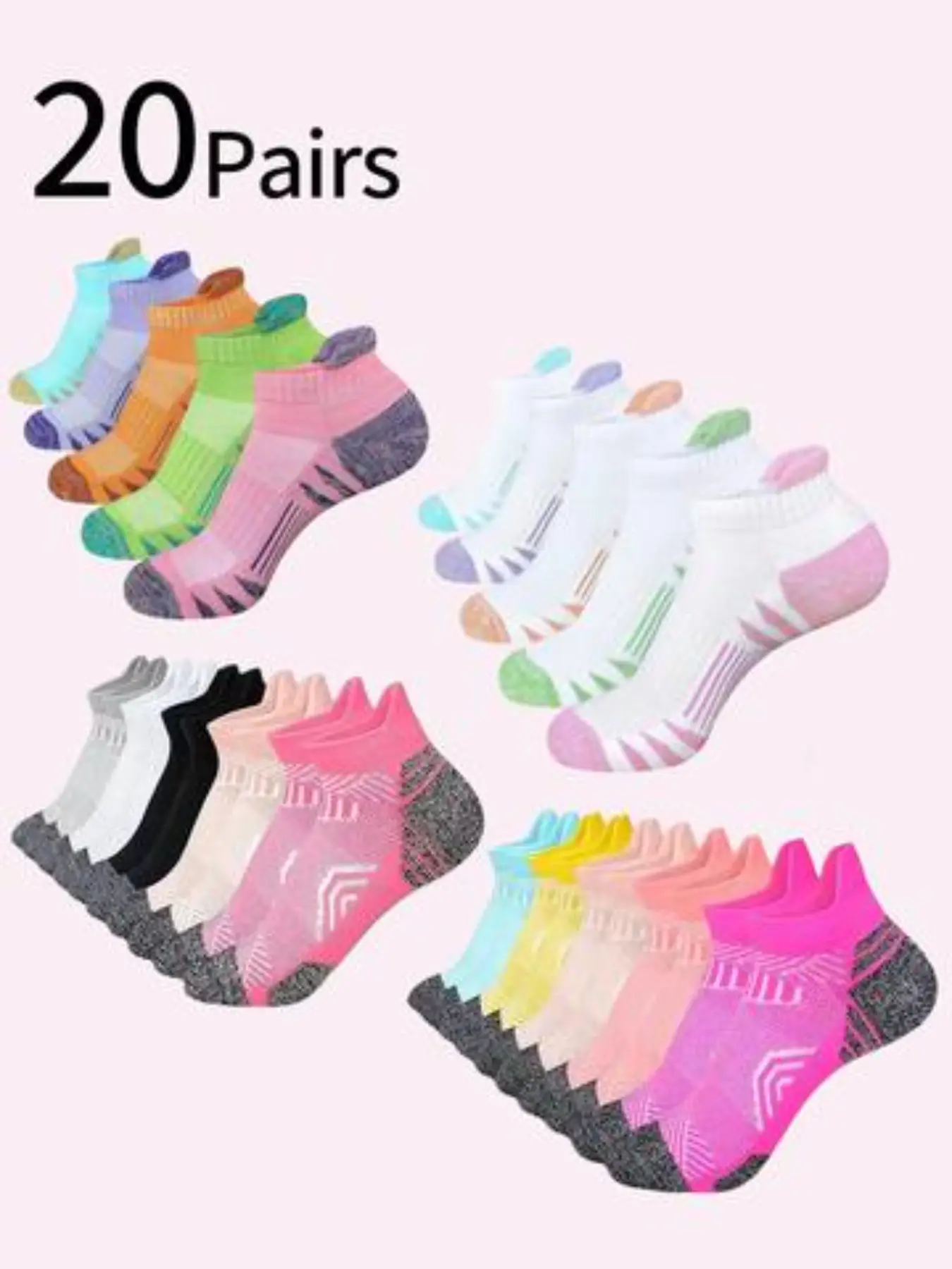 20 Pairs Women's Running Socks, Marathon Sports Socks, Athletic Socks, Shock Absorption, Thick Cotton Bottom, Short Cuff, All Seasons, Unisex