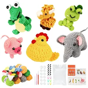 Crochet Kit for Beginners | Set of 6 Animal Crochet Kits with Yarn & Video Tutorials, Includes Frog, Crocodile, Rooster, Elephant, Yak & Piglet, Easy DIY Gift for Teens & Kids, Christmas