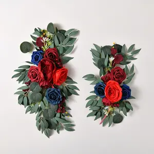Boho Wedding Arch Floral Kit, Dusty Rose and Blue Eucalyptus Garland with Drapes, Ceremony & Welcome Sign Decor