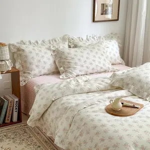Pink Floral Duvet Cover Set Queen Size - 100% Cotton Ruffle Lace Bedding Set for Girls, Romantic Cottagecore Style Duvet Cover with Zipper Closure, Soft Aesthetic Princess Bedding-Queen