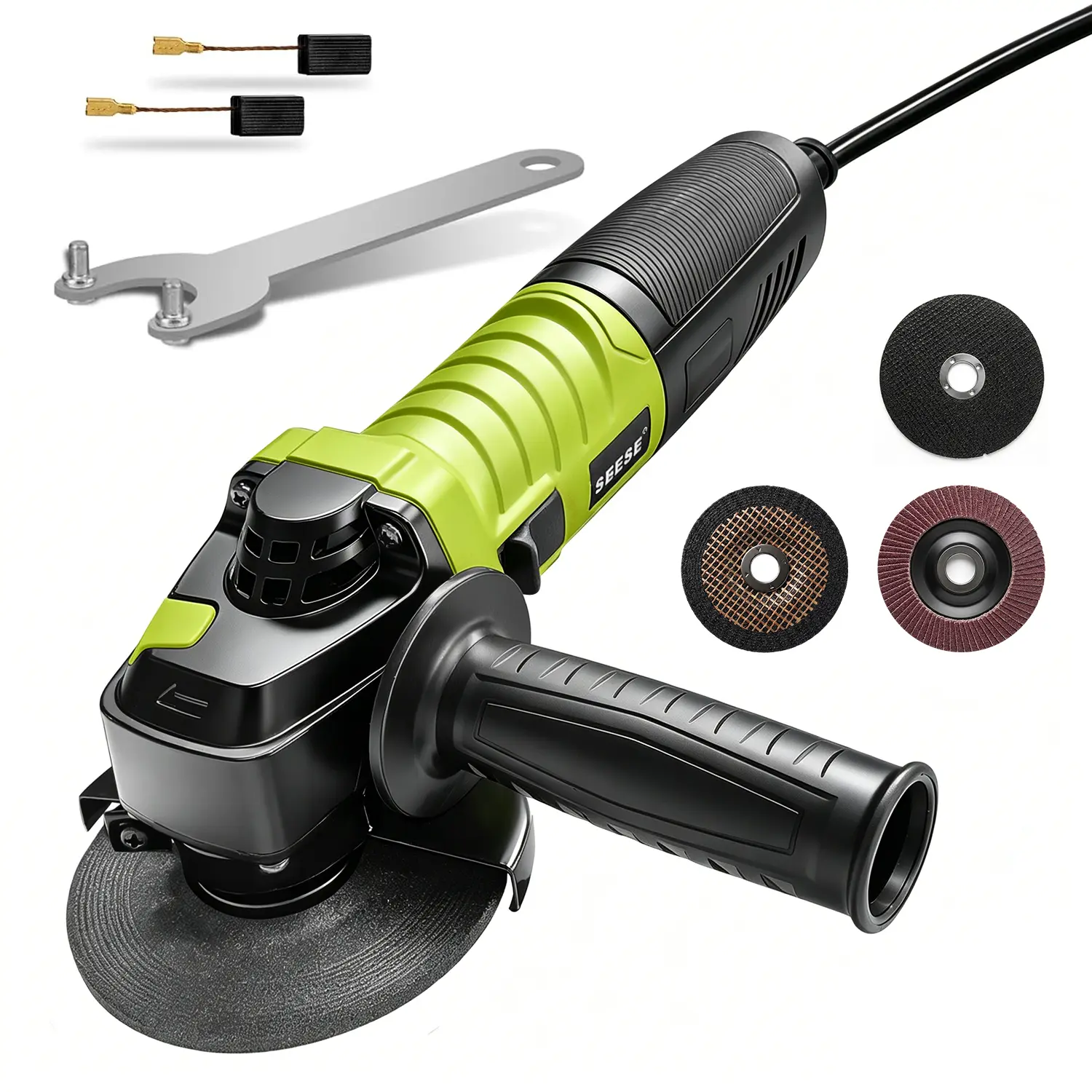 SEESE Angle Grinder, 5 Inch 8 Amp 11000PRM Electric Grinder Tool 6-Variable-Speed Metal Grinderand Cutting Wheels, Flap Disc and Auxiliary Handle for Cutting, Grinding, Polishing and Rust Removal