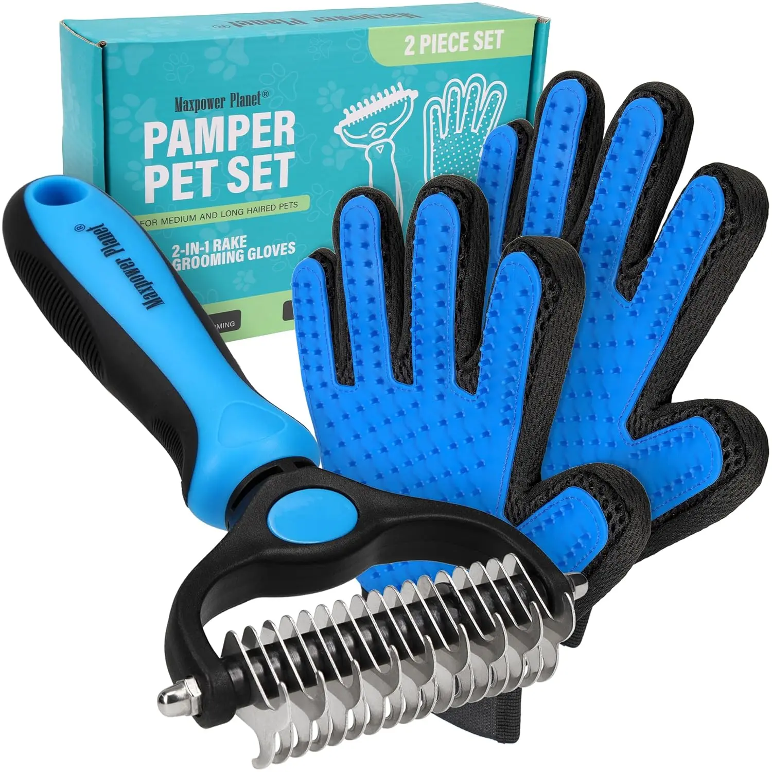 Maxpower Planet Pet Grooming Brush and 2X Grooming Gloves Combo - Double Sided Dematting, Deshedding Undercoat Rake for Dogs and Cats - Reduce Shedding Easily - Blue Maxpower Planet