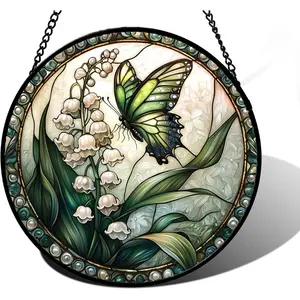Stained Glass Window Hanging, Lily of The Valley Flower Butterfly Suncatcher for Doors  Sun Catchers Decoration and Christmas, Mother's Day Birthday Gifts for Women, Men, Mom 6.3 in