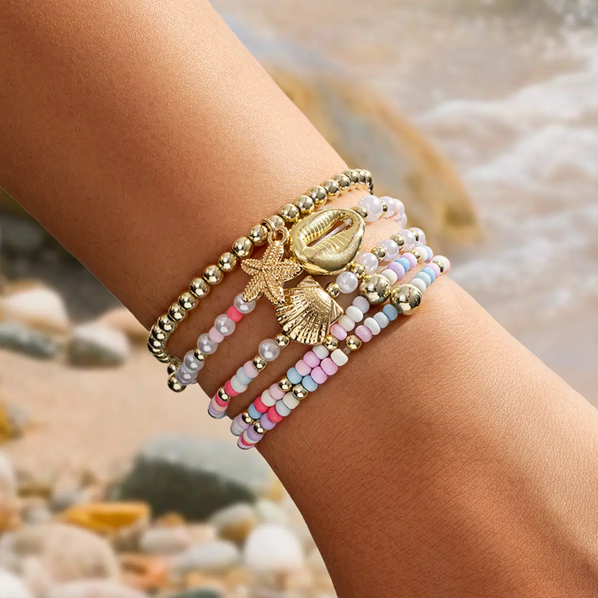 5PCS Women's Turquoise Cross Pearl Beaded Bracelet Set, Elastic CCB Stretch Stackable Bracelets, Fashion Handmade Friendship Jewelry for Daily Wear