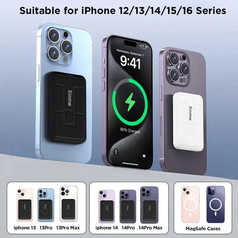 Xinmw Magnetic Power Bank 10000mAh Wireless Portable Charger with USB-C Cable LED Display Foldable Battery Pack for iPhone17/ 16/15/14/13/12/Pro/Pro Max Series Charging Compact Silicone Black fold
