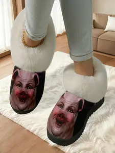 Crazy Funny Pig Head Home Plush Slippers 1 Pair, Crazy Eye-Catching Funny Style, Faux Fur Lining + Fleece-Lined Warmth + Soft Sole Cushioning + Furry Collar, Funny Enthusiasts & Home Lovers for Home Foot Warmth + Eye-Catching Stylish Outfits, Winter Must-