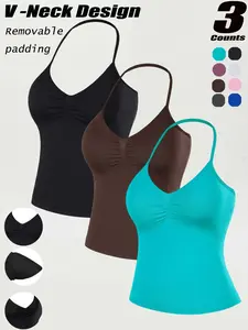 Women's Seamless Halter Sports Bra, Workout Bra, Detachable Pads, High Stretch Fitness Top, Yoga Vest, Casual All-Season Wear, Plain Design, Activewear