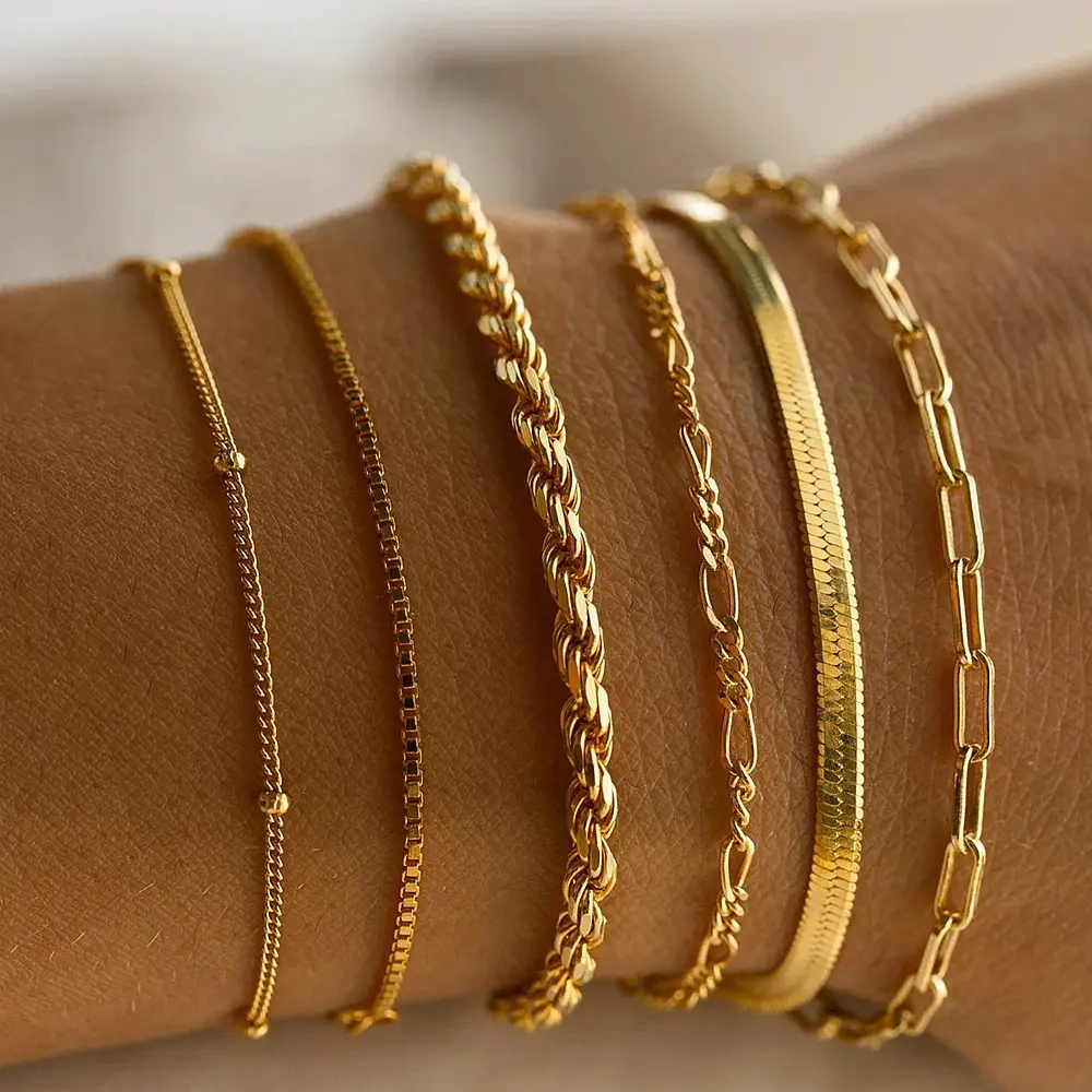 14K Gold Plated Stackable Bracelet Set for Women, 6 Pcs Dainty Thin Chain Bracelets, Waterproof Cuban Paperclip Rope Herringbone Link Bracelet Pack, Trendy Jewelry Gifts for Women