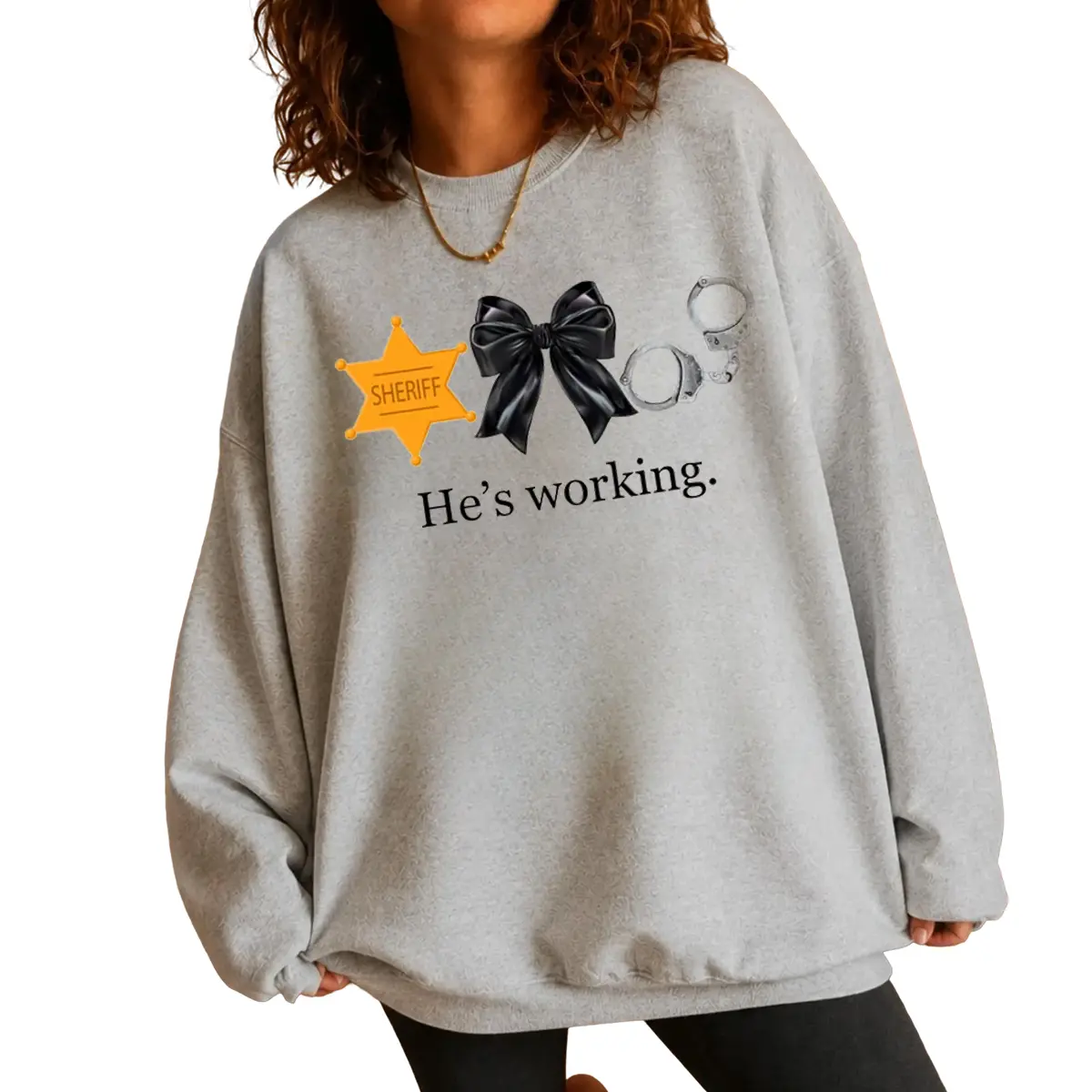 He’s Working Sheriff Wife Crewneck Sweatshirt, Deputy Spouse Bow Graphic Pullover, Law Enforcement Wife Gift