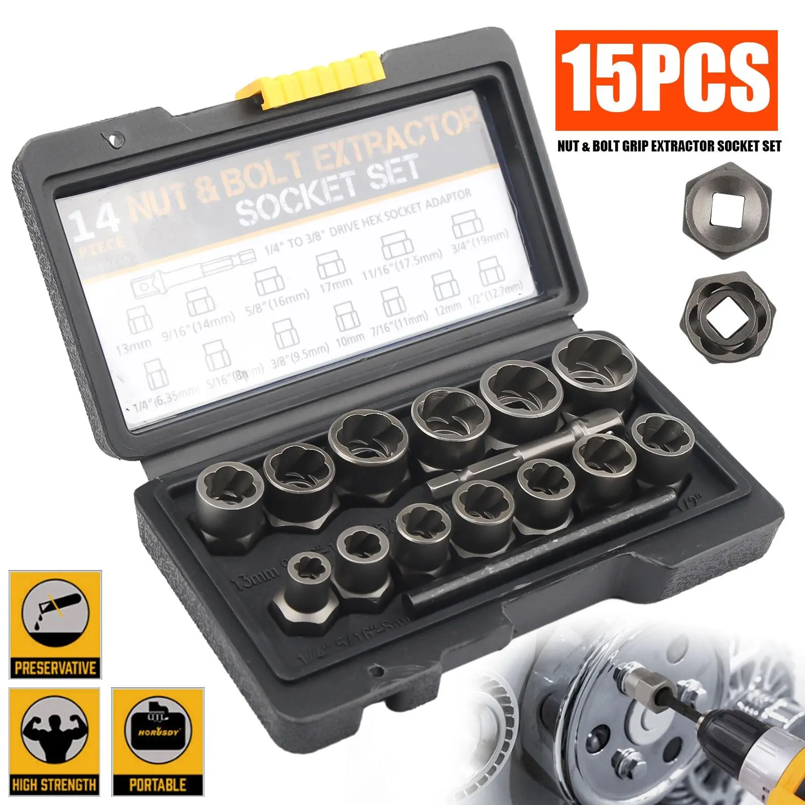 Toolbox Essential 15 Pc Bolt Extractor Kit Stripped Nut Remover Cr-Mo Steel 3/8" Drive Socket 1/4" Hex Adapter Rusted Auto Repair Garage Gift
