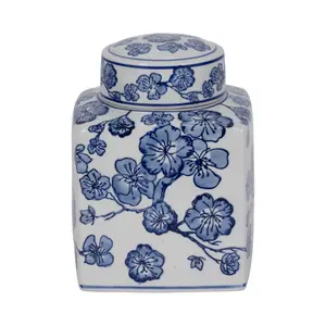 Sagebrook Home 20372-01 8 in. Cherry Blossom Chinoiserie Jar Vase - Blue & White