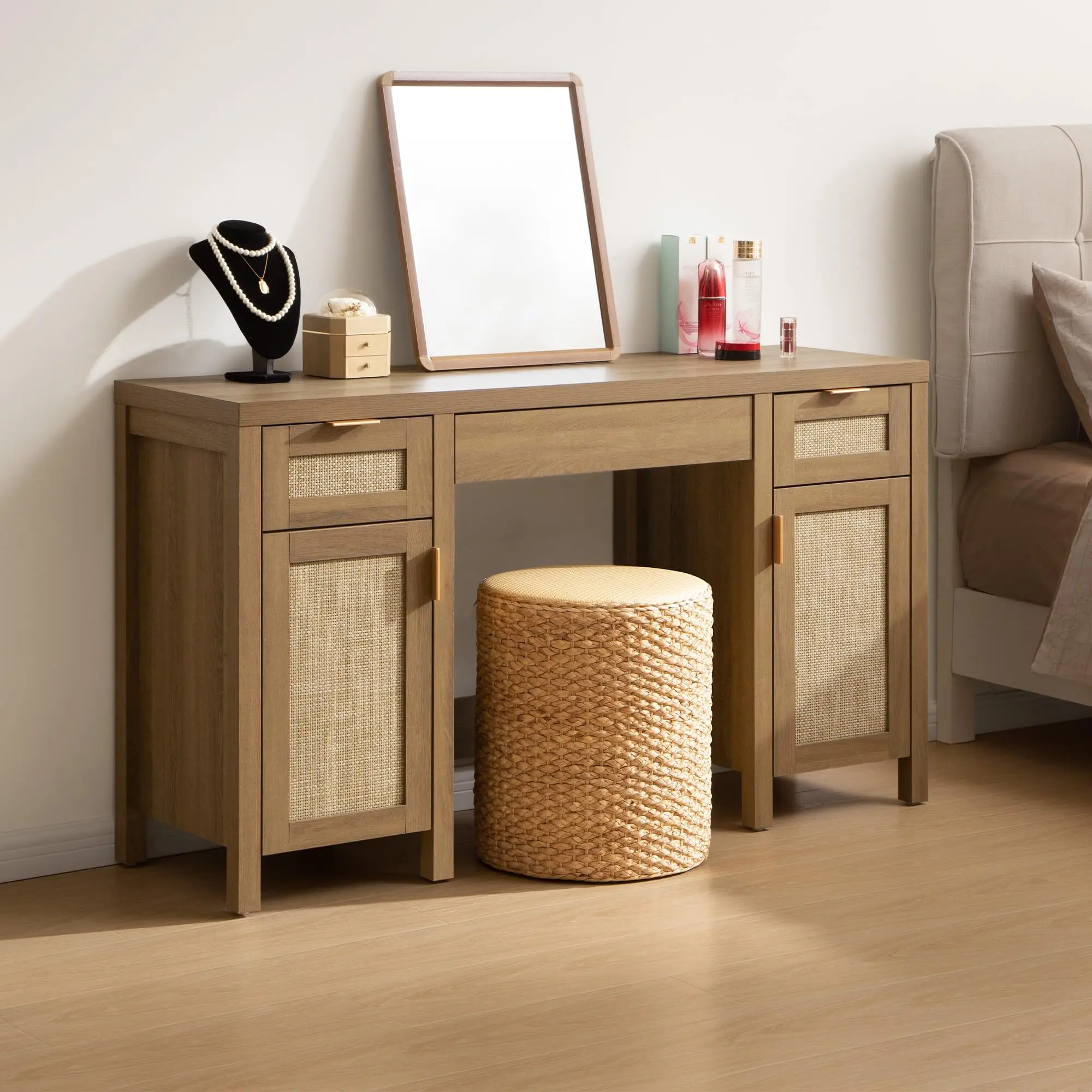 SICOTAS Rattan Vanity Home Office Desk - 52" Large Farmhouse Boho Makeup Vanity Dressing Table with 3 Drawers & 2 Storage Cabinets, Vanities Desk for Makeup Room,Bedroom, Home Office