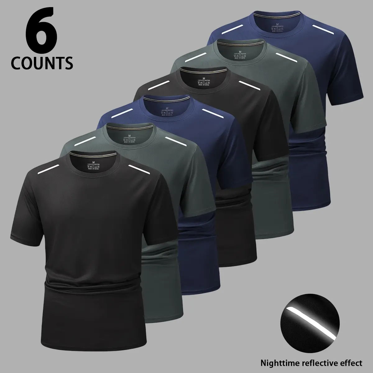 Men's 3-6 Pack Quick-Dry Athletic T-Shirts, Breathable Short-Sleeve Moisture-Wicking Tops with Reflective Detail for Gym & Running