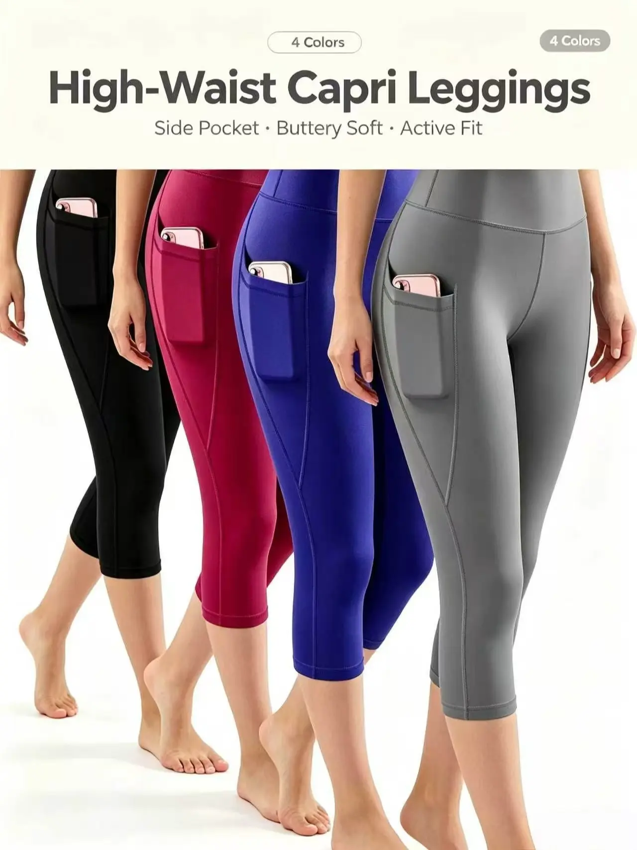 4 Pack Multi Color Yoga Capris High Waist with Functional Phone Pockets. Ultra stretch tummy slimming leggings, plus size friendly, squat proof opaque material for workout and street wear. elastic activewear polyester legs daily sport yoga pant