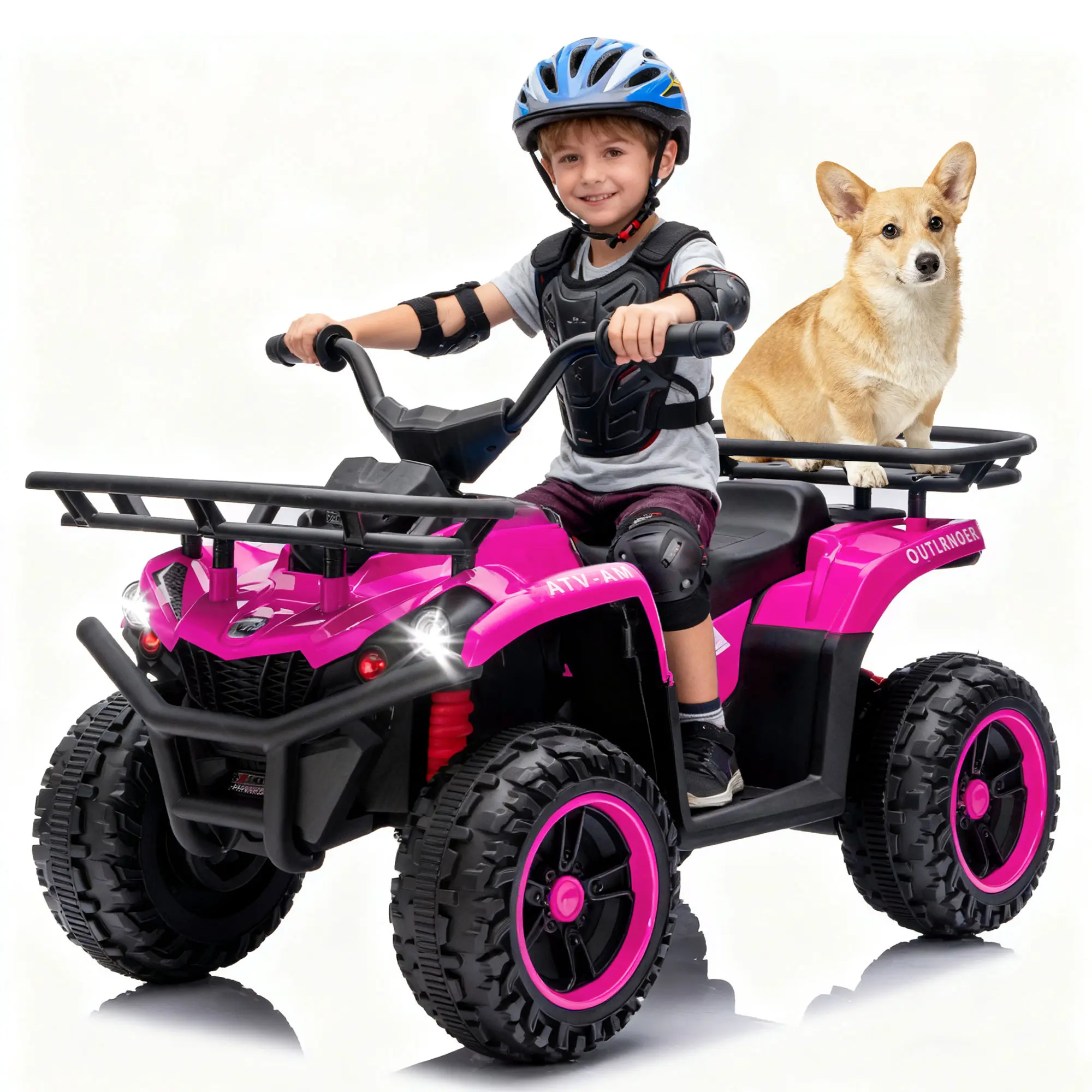 24V Battery-Powered Kids ATV Quad Electric Car, 160W Motors, Anti-Slip Tires, Crash Bars, Power Display, LED Lights, Bluetooth Music, Front & Rear Storage Racks, Durable Structure, Everyday Use Ride-On Toy for Toddlers Ages 3-6