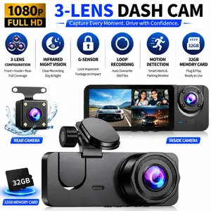 3-Channel 1080P Front & Rear Car Dvr, Infrared Night Vision, Wide-Angle Lens, Loop Recording, Parking Mode, G Sensor, Three Screen Camera