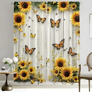 2-Piece Polyester Fabric Sunflower Butterfly Wood Grain Pattern Curtains, Rustic Fresh Style Rod Pocket Drapes for Living Room Bedroom Decor