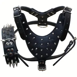 Spiked Studded Dog Collars, Harnesses 2pcs Matching Set for Medium And Large Dogs