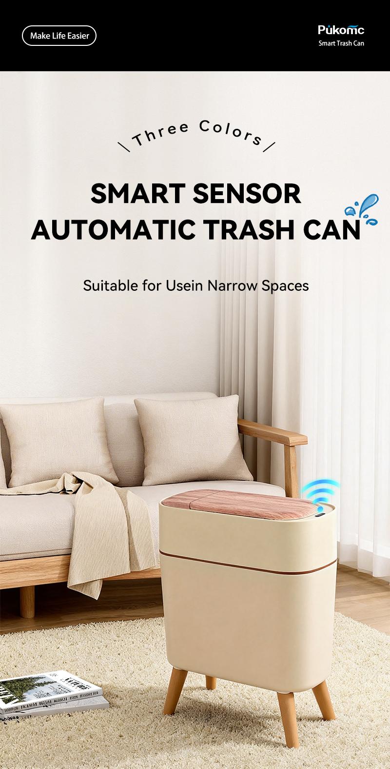 Pukomc Automatic Sensor Trash Bin with Wooden Top, Hands-Free Touchless Waste Bin for Home, Kitchen, Bedroom