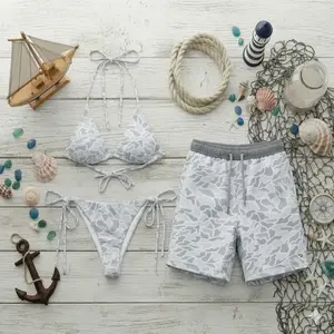 Grey Camo Matching Couple Swimwear Set – Women’s Triangle Tie Bikini & Men's Short, Beach Vacation Outfit, Gift for Her, Goft idea