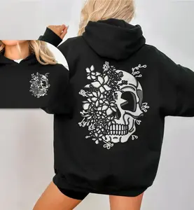Women's Boho Skull Floral Skeleton Hoodie - Unisex Oversized Cotton Sweatshirt with Drawstring Hood, Front Pocket for Daily Wear Comfort