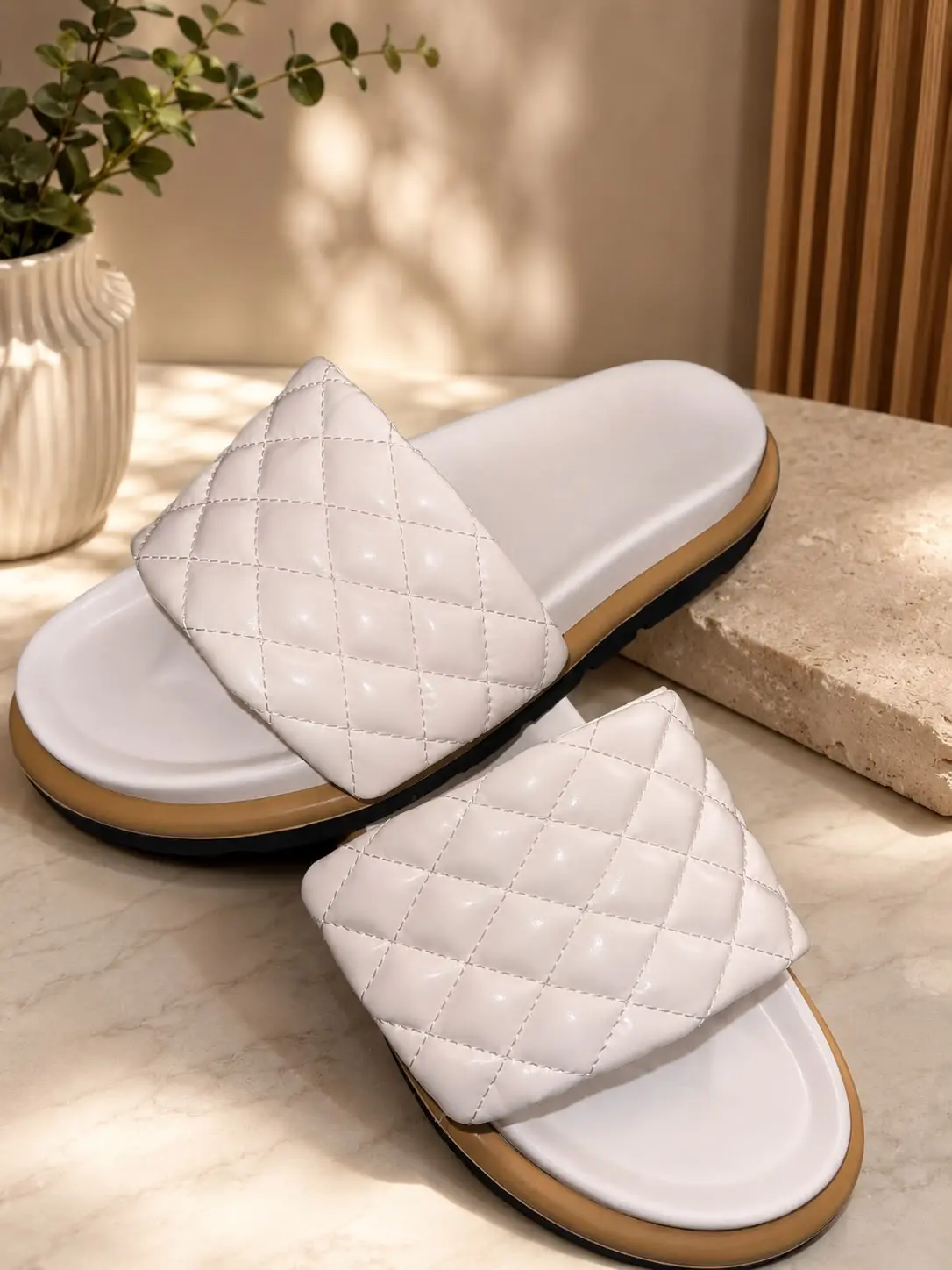 Quilted White Slip-On Sandals with Comfortable Sole and Stylish Design for Everyday Wear